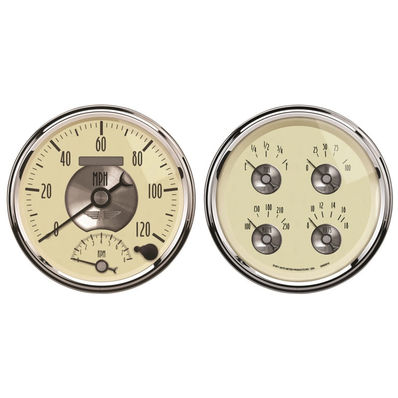 AutoMeter Gauge Kit 2 Pc. Quad & Tach/Speedo 5in. Prestige Antique. Ivory