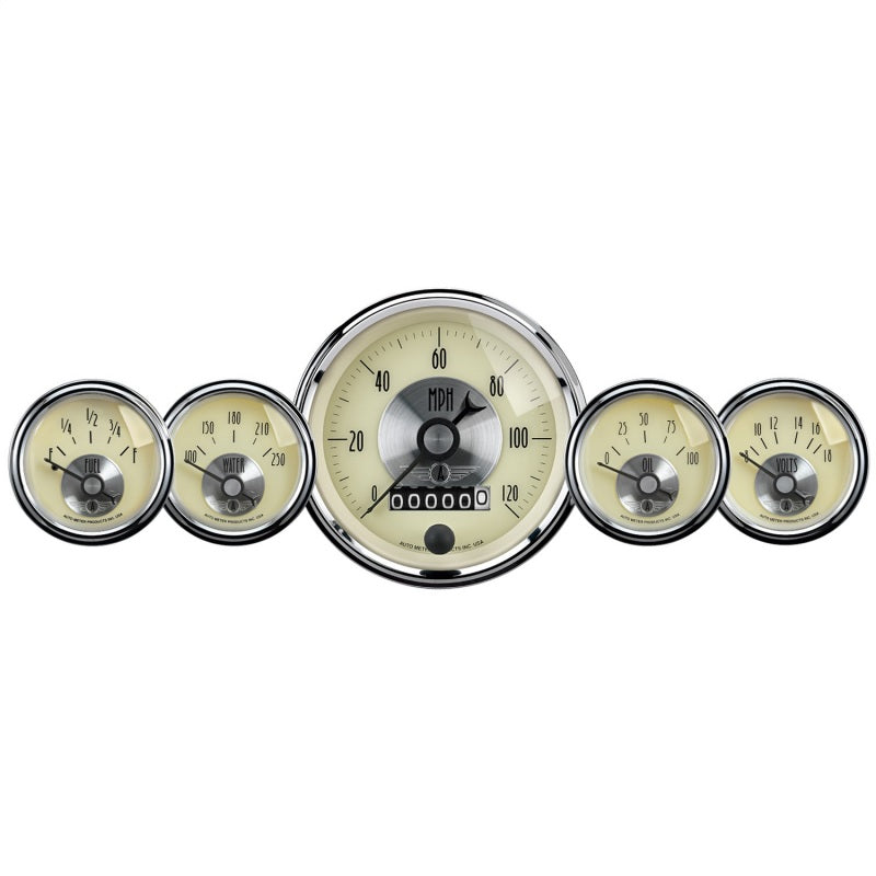 AutoMeter Gauge Kit 5 Pc 3-3/8in. & 2-1/16in. Elec Speedo W/Wheel Odo Prestige Antique. Ivory