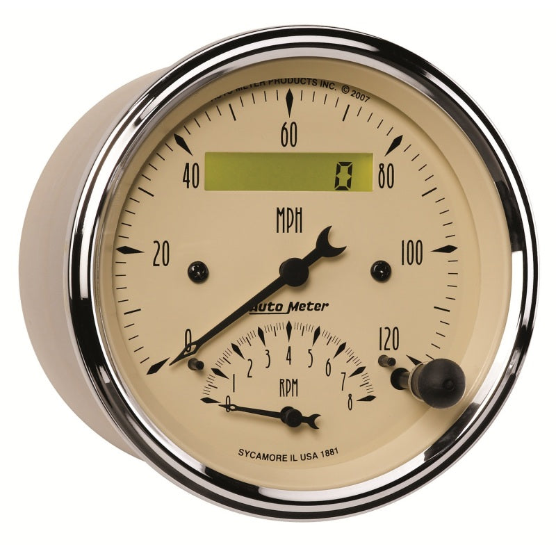 AutoMeter Gauge Tach/Speedo 3-3/8in. 120MPH & 8K RPM Elec. Program. Antique Beige