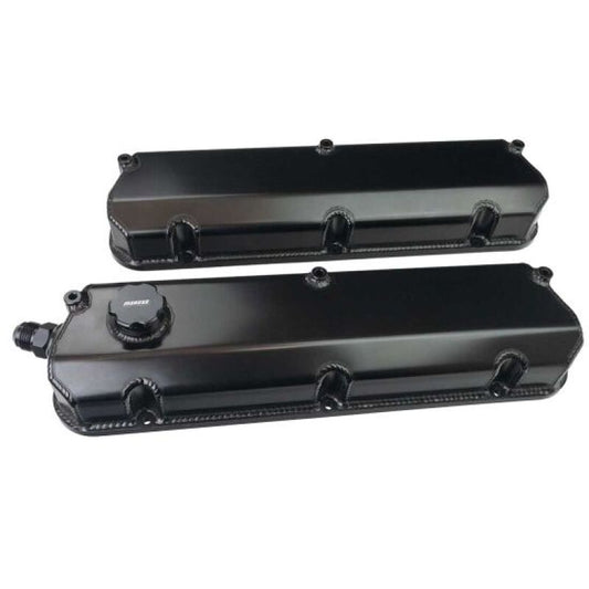 Moroso Ford 302/351W 2-3/4in Tall Aluminum Valve Covers - Black (w/-12AN Vac Fitting & Oil Fill)
