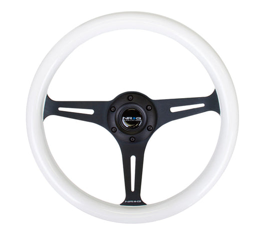 NRG - Classic Wood Grain Steering Wheel (350mm) Glow-N-The-Dark Green Grip w/Black 3-Spoke Center