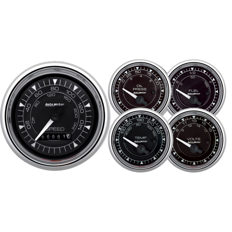 AutoMeter Chrono 3-3/8in &amp; 2-1/16in Gauge Kit (5pc) w/Electric Speedometer - Chrome