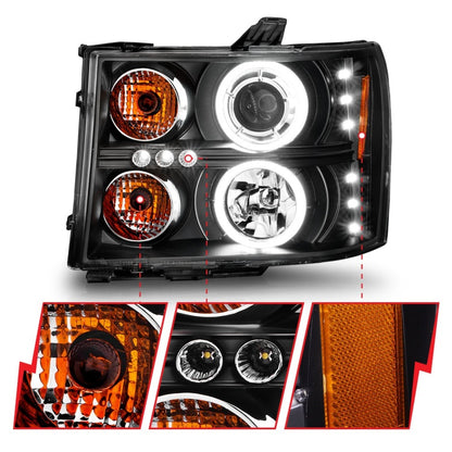 ANZO 2007-2013 GMC Sierra 1500 Projector Headlights w/ Halo Black