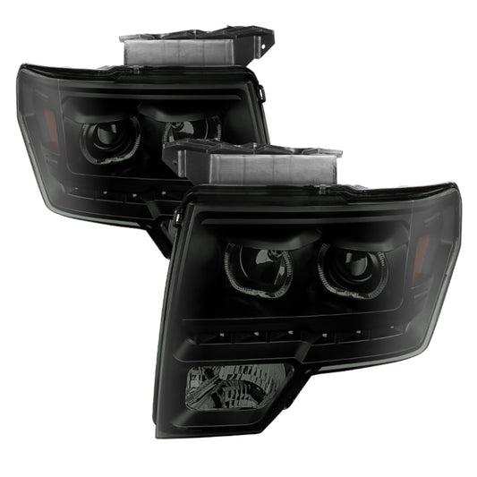 Xtune Ford F150 09-14 Projector Headlights Halogen Model LED Halo Black Smoke PRO-JH-FF15009-CFB-BSM