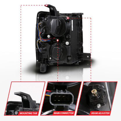 ANZO 14-15 Chevy Silverado 1500 Black Dual Switchback+Sequential LED Tube Sq. Projector Headlights
