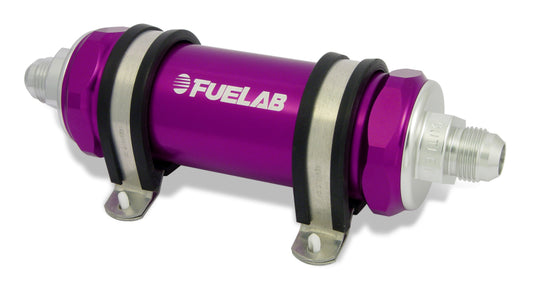Fuelab 858 In-Line Fuel Filter Long -8AN In/Out 100 Micron Stainless w/Check Valve - Purple