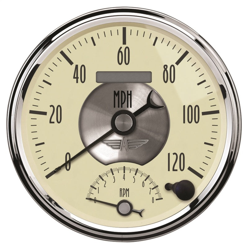 AutoMeter Gauge Tach/Speedo 5in. 120MPH & 8K RPM Elec. Program. Prestige Antique. Ivory