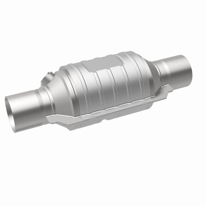 MagnaFlow Univ Conv 2in In/Out Ctr/Ctr Round 9in Body L x 5.125in W x 13in Overall L Single O2 Port