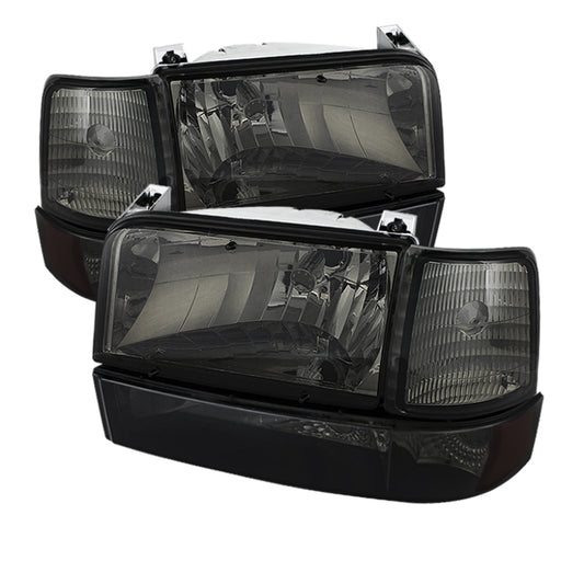 xTune Ford F150/Bronco 92-96 Headlights w/Corner Bumper 6pcs Amber- Smoke HD-JH-FB92-SET-AM-SM