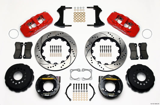 Wilwood AERO4 Rear P-Brake Kit 14.00in Drilled Red Chevy 12 Bolt-Spec 3.15in Bearing