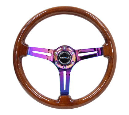 NRG - Reinforced Steering Wheel (350mm / 3in. Deep) Brown Wood w/Blk Matte Spoke/Neochrome Center Mark