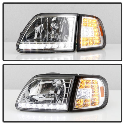 xTune Ford F150 97-03 Crystal Headlights w/ Clear LED Corners Chrome HD-ON-FF15097-LED-SET-C
