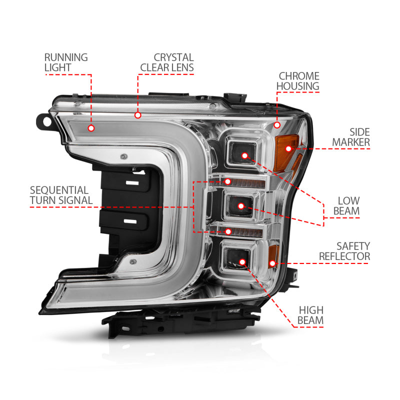 ANZO 18-20 Ford F-150 Full Led Projector Light Bar Style Headlights - Chrome Amber