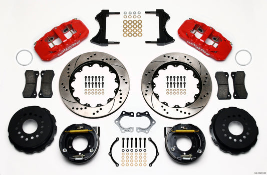 Wilwood AERO4 Rear P-Brake Kit 14.00in Drill Red Mopar/Dana 2.36in Off w/Snap Ring Bearing