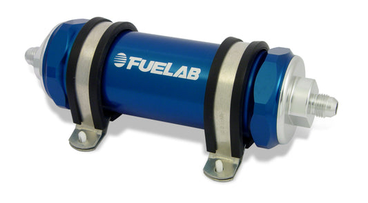 Fuelab 858 In-Line Fuel Filter Long -8AN In/Out 40 Micron Stainless w/Check Valve - Blue