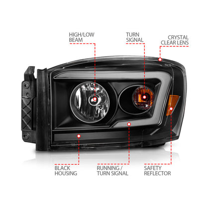 ANZO 06-09 Dodge RAM 1500/2500/3500 Headlights Black Housing/Clear Lens (w/Switchback Light Bars)