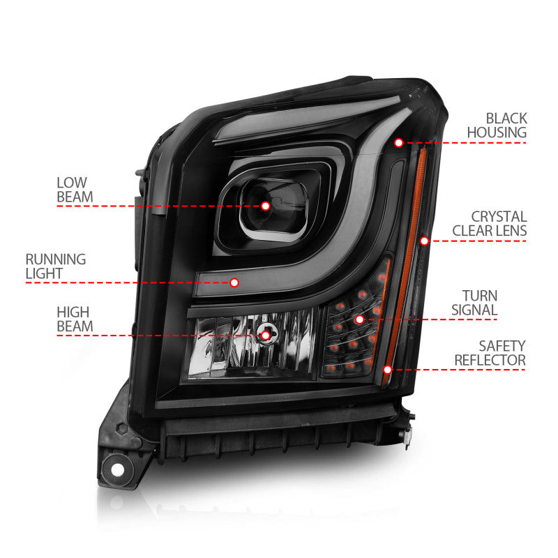 ANZO 15-17 GMC Yukon/Yukon XL Projector Headlights Black Housing/Clear Lens (w/ Light Bars)