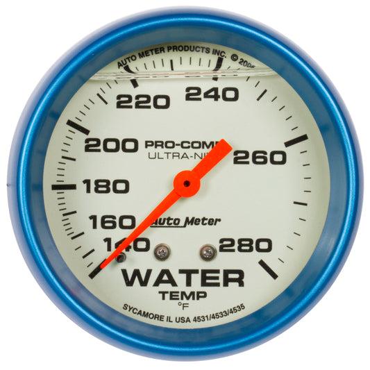 AutoMeter Gauge Wtemp 2-5/8in. 140-280 Deg. F Liq Filled Mech 4ft. Glow In Dark Ultra-Nite