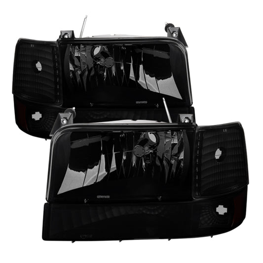 Xtune Ford F150 92-96 Headlights w/Corner Bumper 6pcs Amber- Black Smoked HD-JH-FB92-SET-AM-BSM