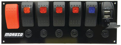 Moroso - Rocker Switch Panel - Flat Surface Mount - LED w/USB - 3.388in x 9.15in -Five On/Off Switches