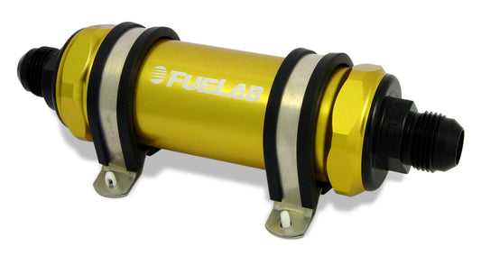 Fuelab 858 In-Line Fuel Filter Long -8AN In/Out 100 Micron Stainless w/Check Valve - Gold