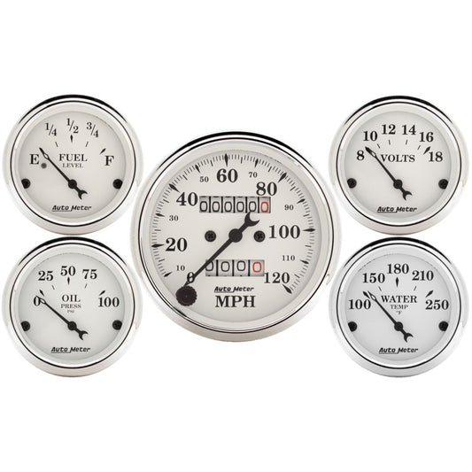 Auto Meter Speedometer 3-1/8in and 2-1/16in Mechanical 5-Piece Old Tyme White Gauge Kit