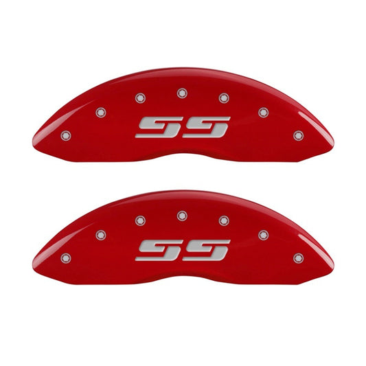 MGP Front set 2 Caliper Covers Engraved Front Silverado style/SS Red finish silver ch