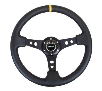 NRG - Reinforced Steering Wheel (350mm / 3in. Deep) Blk Leather w/Blk Cutout Spoke/Yellow Center Mark