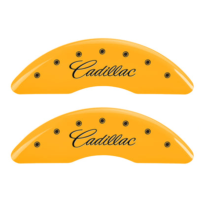 MGP 4 Caliper Covers Engraved Front Cursive/Cadillac Engraved Rear CTS Yellow finish black ch