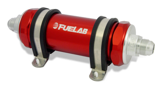 Fuelab 858 In-Line Fuel Filter Long -10AN In/Out 100 Micron Stainless w/Check Valve - Red