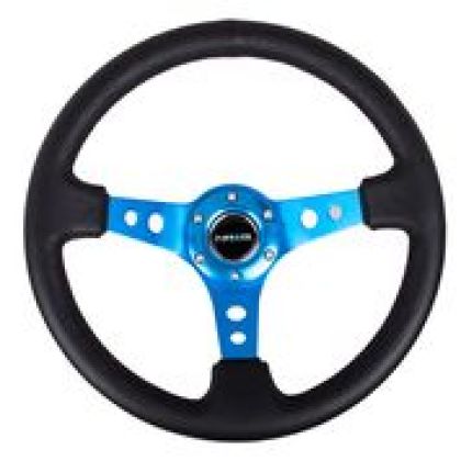 NRG - Reinforced Steering Wheel (350mm / 3in. Deep) Blk Leather w/Blue Circle Cutout Spokes