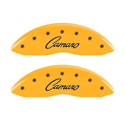 MGP 4 Caliper Covers Engraved Front & Rear Cursive/Camaro Yellow finish black ch