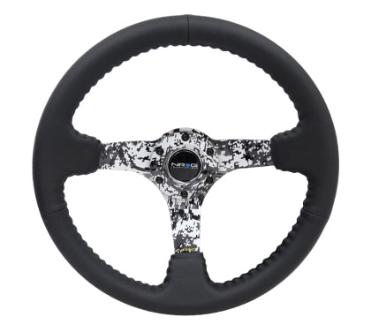 NRG - Reinforced Steering Wheel (350mm / 3in. Deep) Blk Leather w/Hydrodipped Digi-Camo Spokes