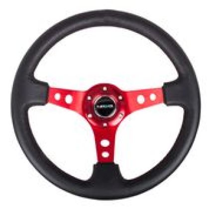NRG - Reinforced Steering Wheel (350mm / 3in. Deep) Blk Leather w/Red Circle Cutout Spokes