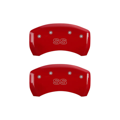 MGP 4 Caliper Covers Engraved Front Gen 4/Camaro Engraved Rear Gen 4/SS Red finish silver ch
