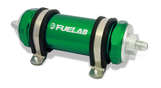 Fuelab 858 In-Line Fuel Filter Long -10AN In/Out 40 Micron Stainless w/Check Valve - Green